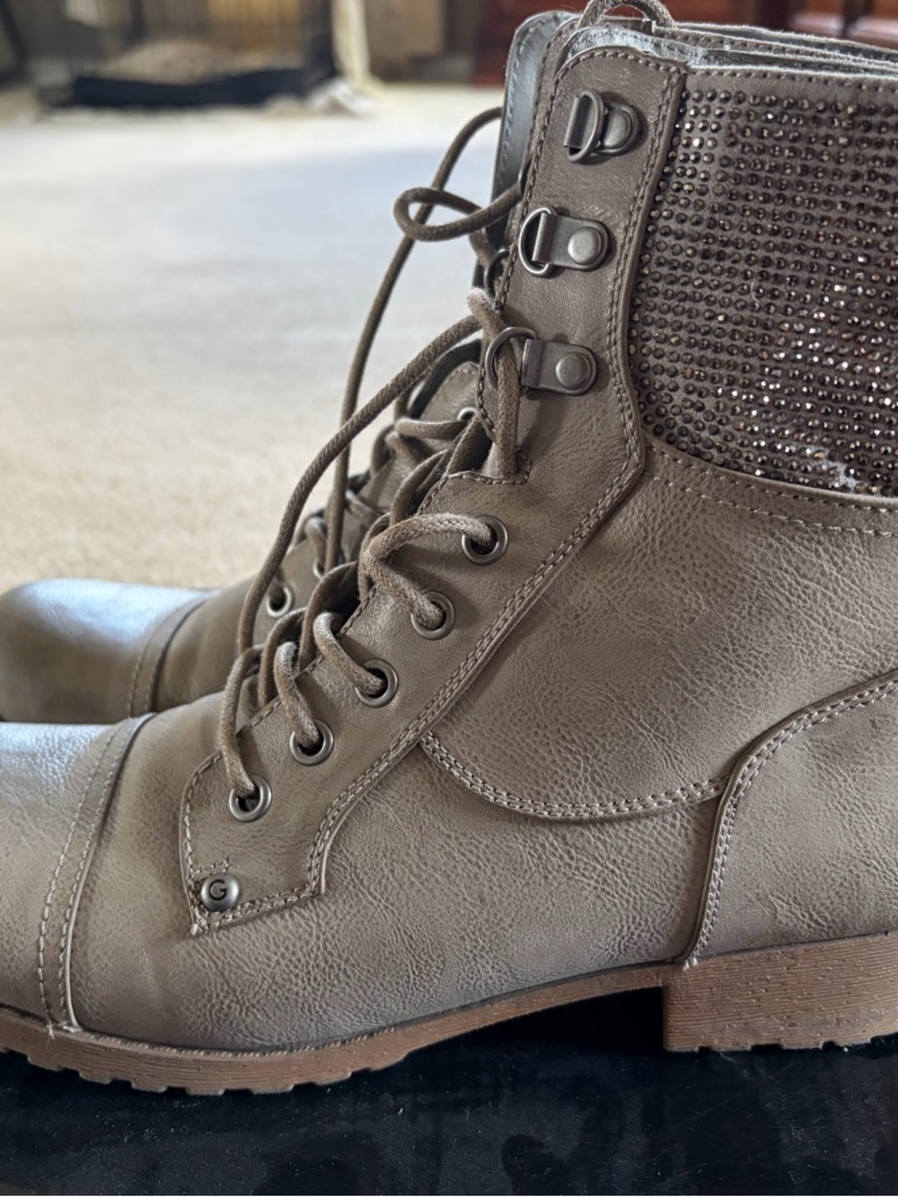G by Guess Taupe Lace-Up Combat Booties with Rhinestone Collar